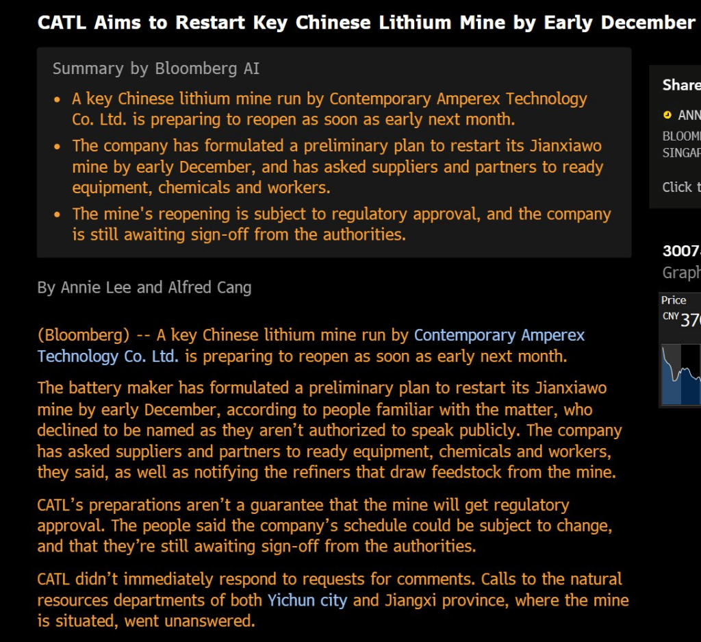 Article discussing the plans of Contemporary Amperex Technology Co. Ltd. to reopen a key lithium mine in China by early December, including details on regulatory approvals and preparations.