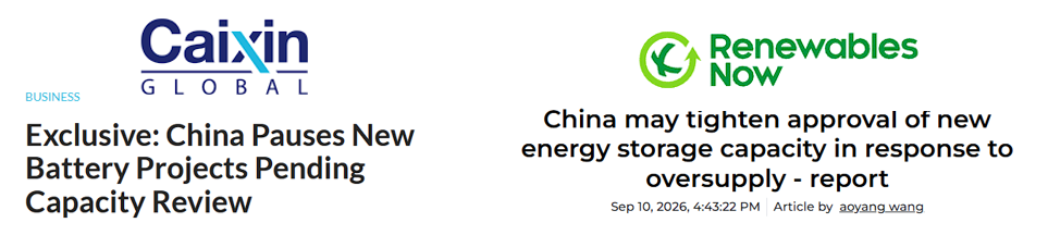 Headline from Caixin Global discussing China's pause on new battery projects pending capacity review.